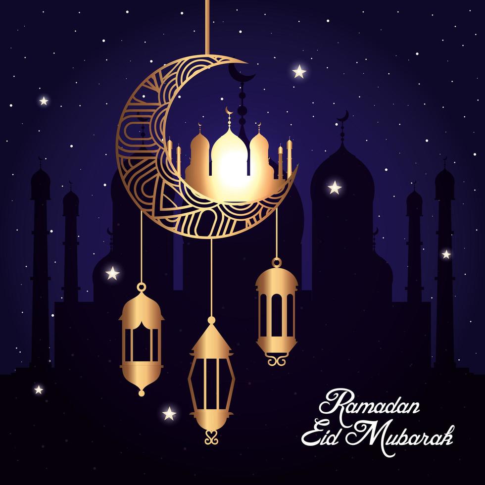 ramadan eid mubarak, moon hanging with mosque and lanterns hanging vector