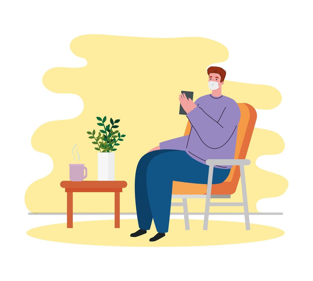 stay home, man wearing medical mask in living room, quarantine or self isolation vector