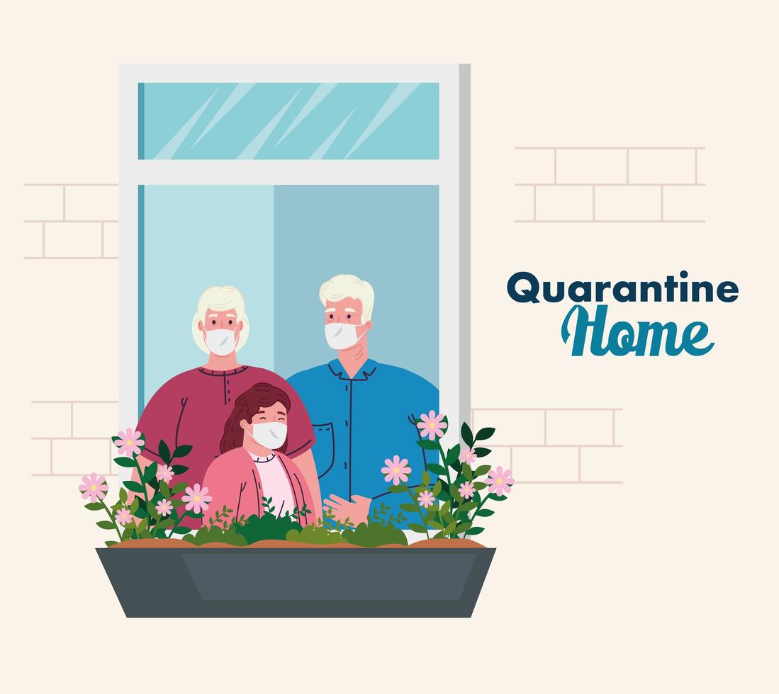 stay home, house facade with window, grandparents with granddaughter look out of home, self isolation, quarantine due of coronavirus, covid 19 vector