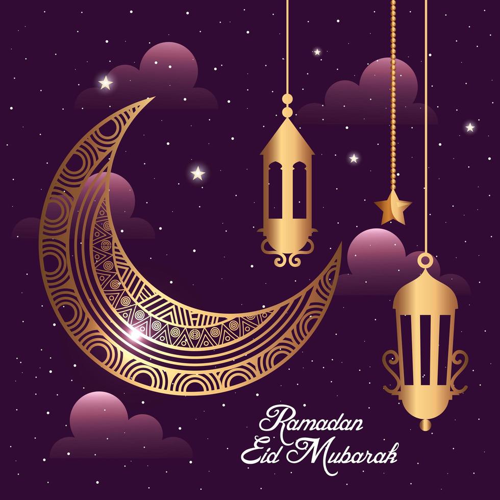 ramadan eid mubarak with moon and golden lanterns hanging decoration vector