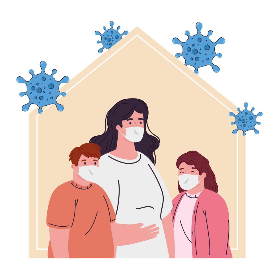 stay home, mother with children wearing medical mask, quarantine or self isolation vector