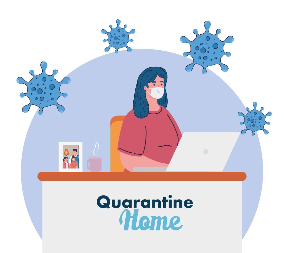 stay home work home, woman protect yourself working at home, stay home on quarantine during the coronavirus vector