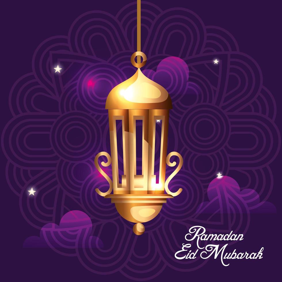 ramadan eid mubarak with golden lantern hanging decoration vector