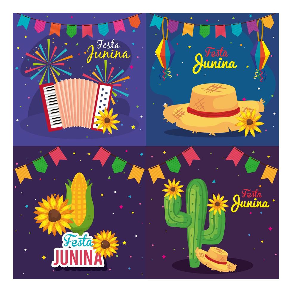 festa junina set cards, brasil festival de junio con decoración vector