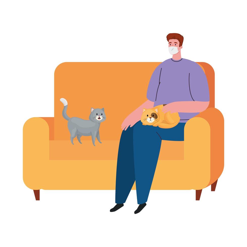 man wearing protective medical mask against covid 19, sitting in sofa with cats, stay at home concept vector