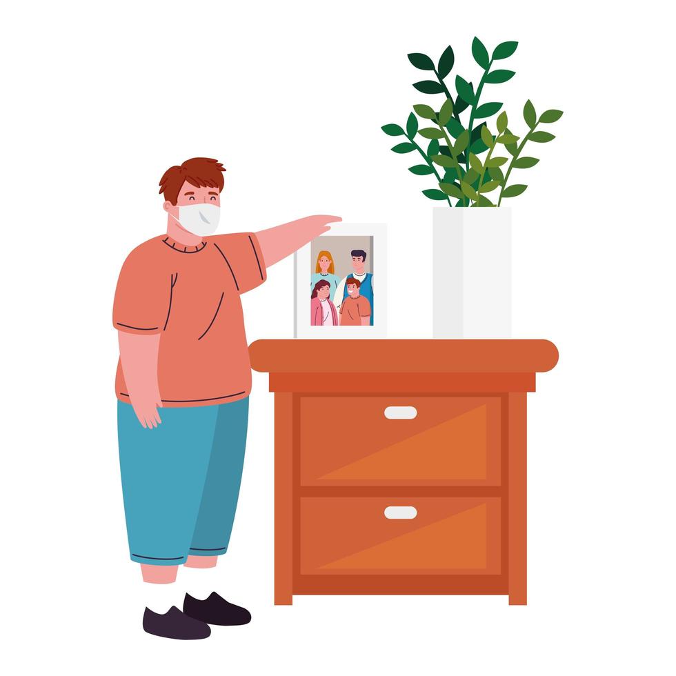 boy wearing medical mask for prevention covid 19 with wooden drawer, and photo family vector
