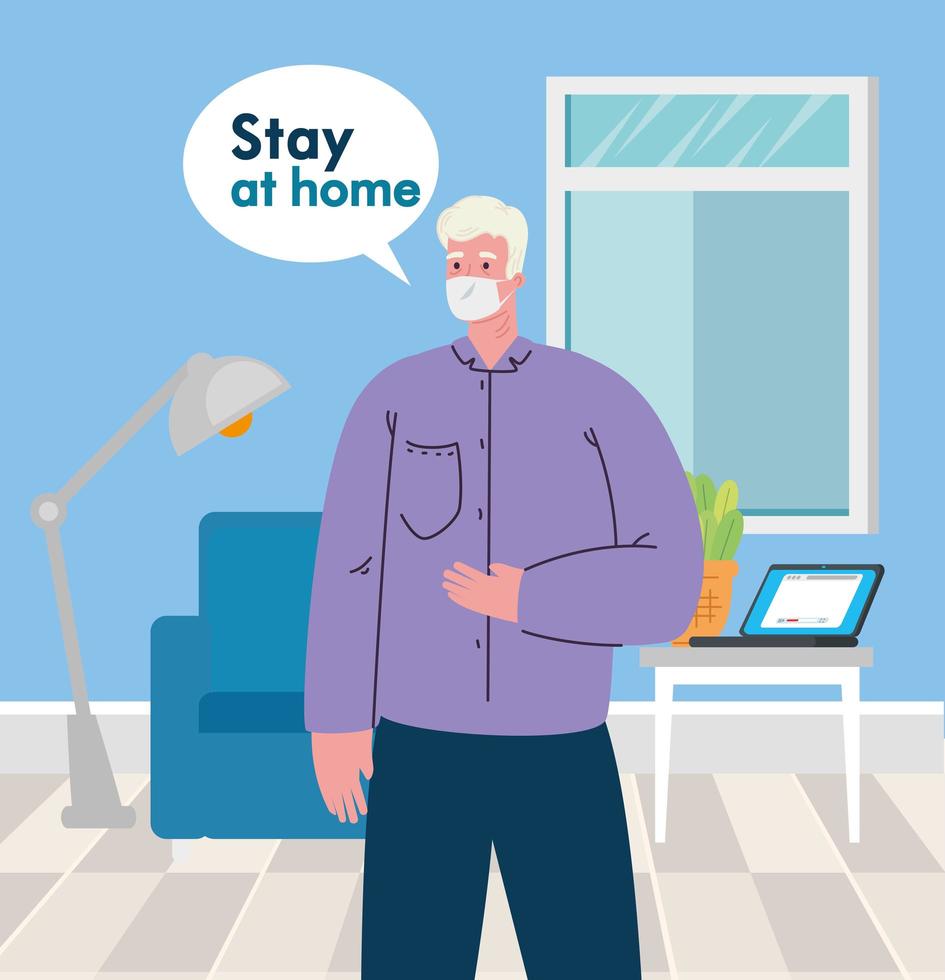 stay home, man wearing medical mask in living room, quarantine or self isolation vector