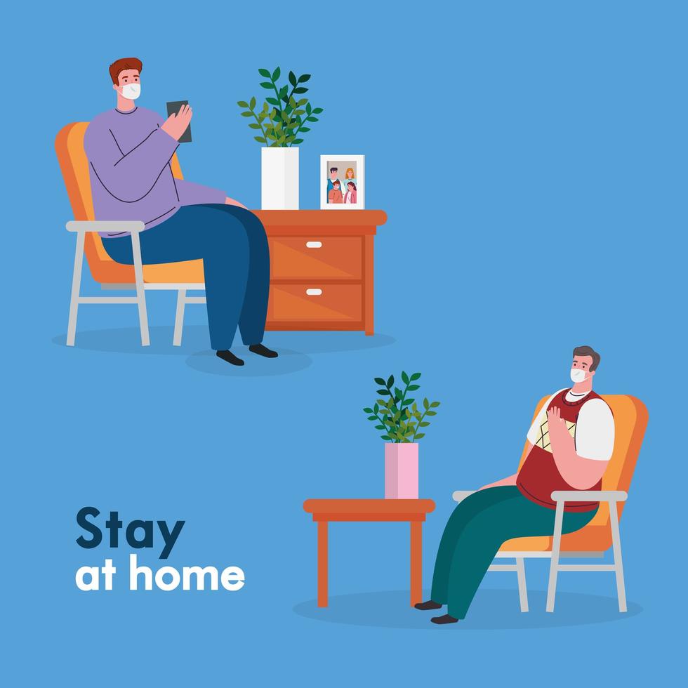 stay home, men wearing medical mask, quarantine or self isolation vector