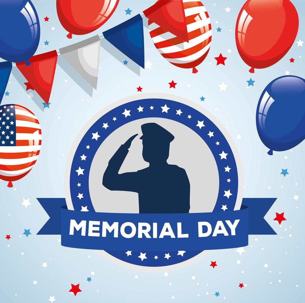 memorial day, honoring all who served, saluting army soldier silhouette with balloons helium decoration vector