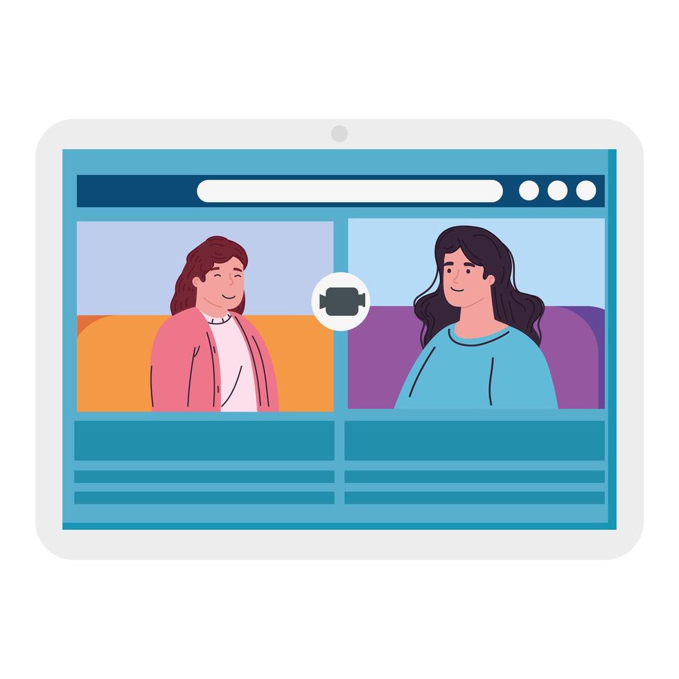 woman with girl talk to each other on the tablet device screen, conference video call vector