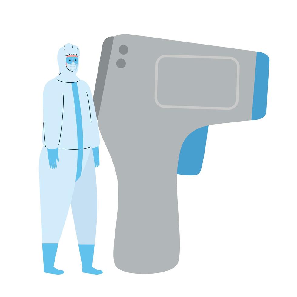 disinfection, person in viral protective suit, with digital non contact infrared thermometer vector