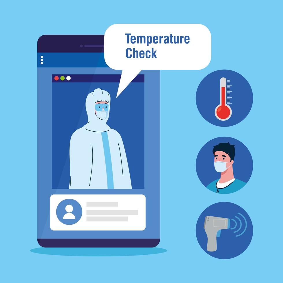 temperature check by non contact thermometer and smartphone, checking new technology, medical icons vector