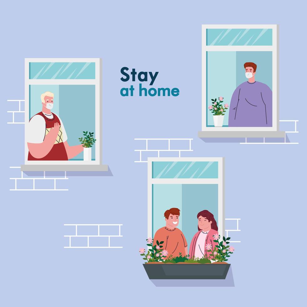 stay home, house facade with window, people look out of home, self isolation, quarantine due of coronavirus, covid 19 vector