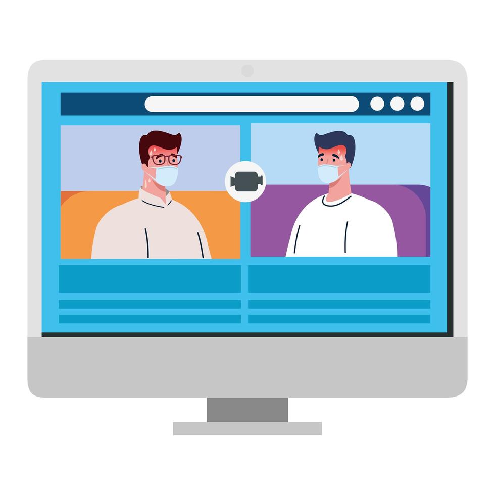 men talk to each other on the computer screen, conference video call, prevention coronavirus covid 19 vector