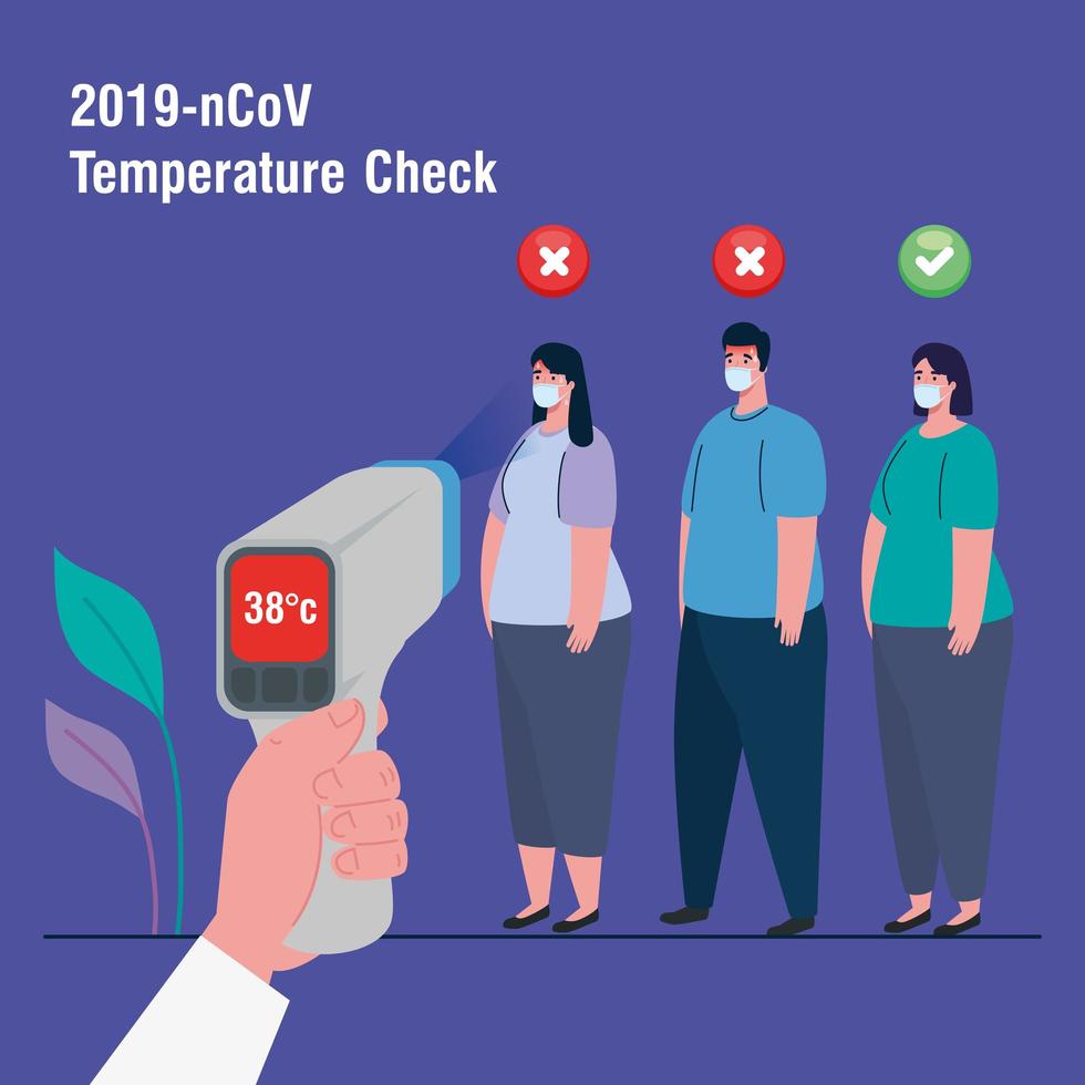 Covid 19 coronavirus, personas en prueba con termómetro infrarrojo para medir la temperatura corporal vector