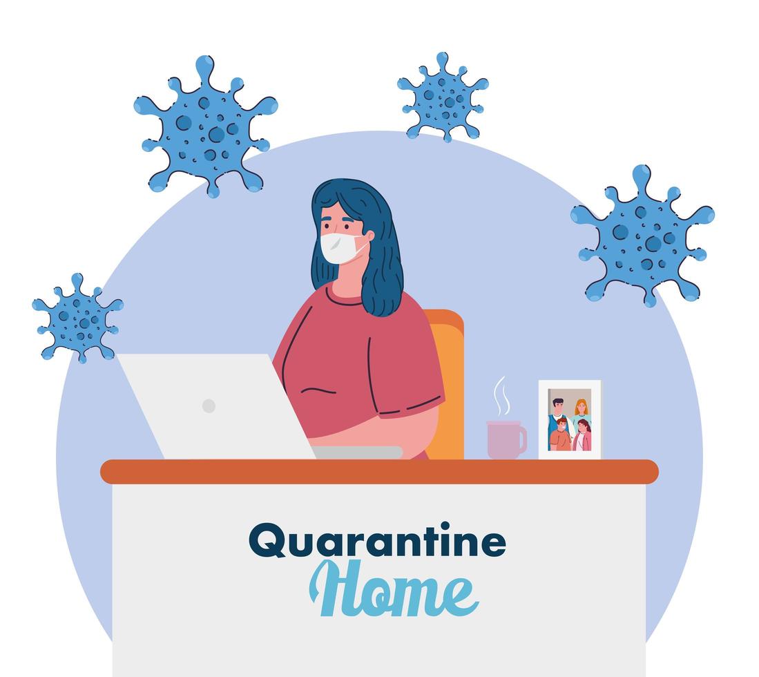 stay home work home, woman protect yourself working at home, stay home on quarantine during the coronavirus vector