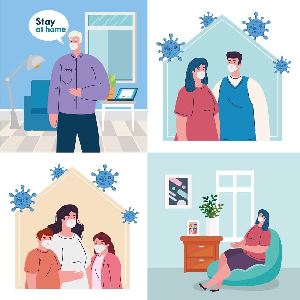 stay home, set scenes people, quarantine or self isolation vector