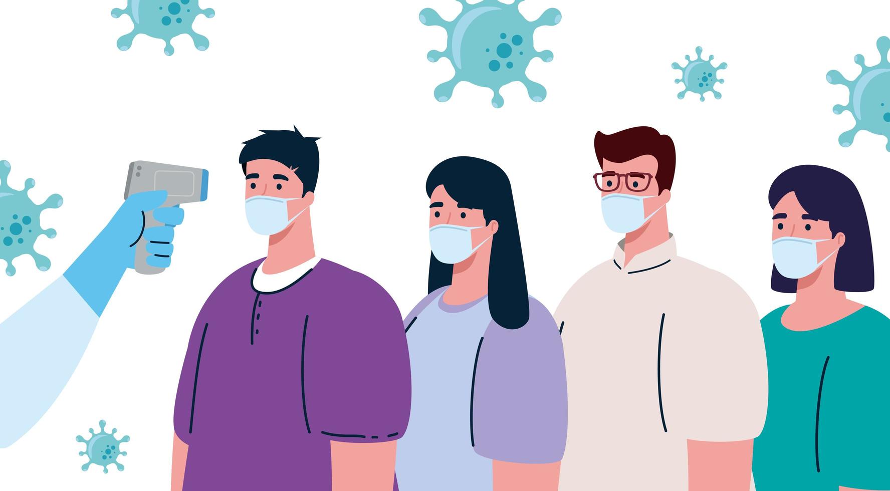 Covid 19 coronavirus, termómetro infrarrojo de mano para medir la temperatura corporal, la gente verifica la temperatura vector