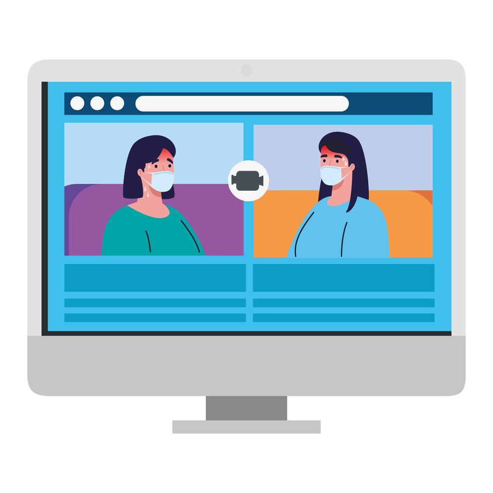 woman talk to each other on the computer screen, conference video call, prevention coronavirus covid 19 vector