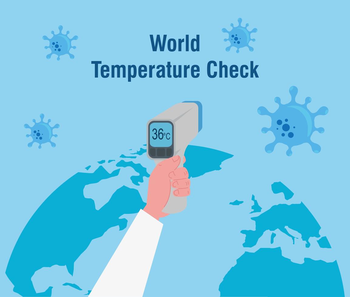 hand with digital non contact infrared thermometer,world map international, prevention of coronavirus disease 2019 ncov vector