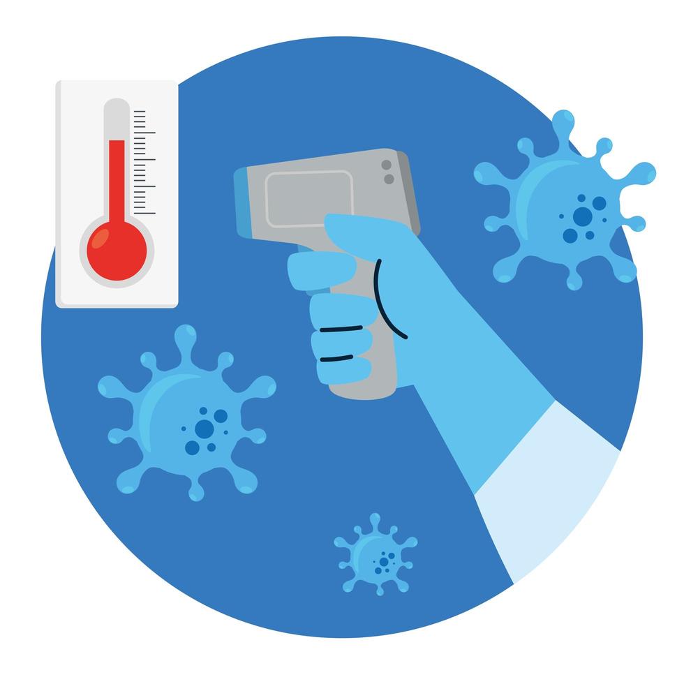 mano con termómetro infrarrojo digital sin contacto, termómetro médico que mide la temperatura corporal, prevención de la enfermedad por coronavirus 2019 ncov vector