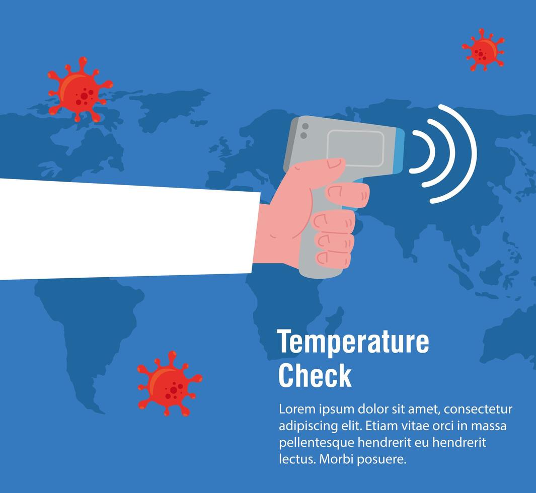 hand with digital non contact infrared thermometer,world map international, prevention of coronavirus disease 2019 ncov vector