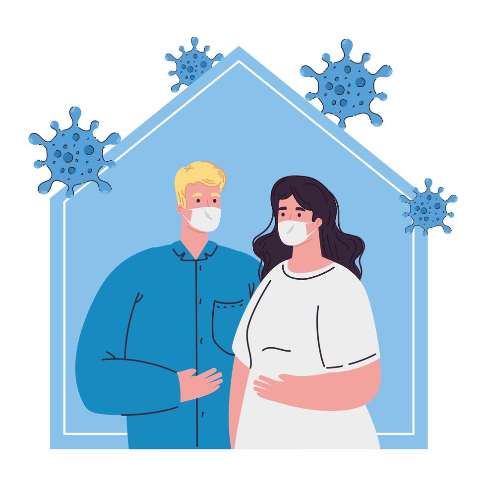 stay home, couple wearing medical mask, quarantine or self isolation vector