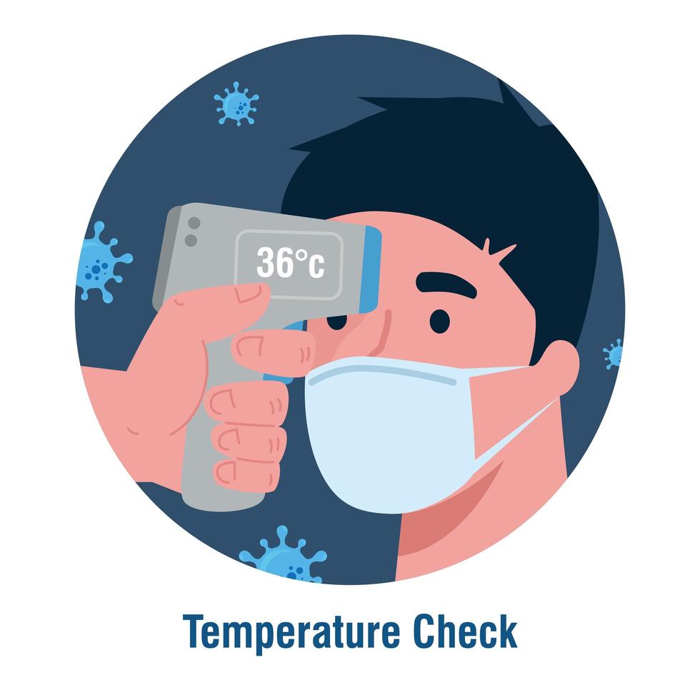 Covid 19 coronavirus, termómetro infrarrojo de mano para medir la temperatura corporal, hombre verifica la temperatura vector