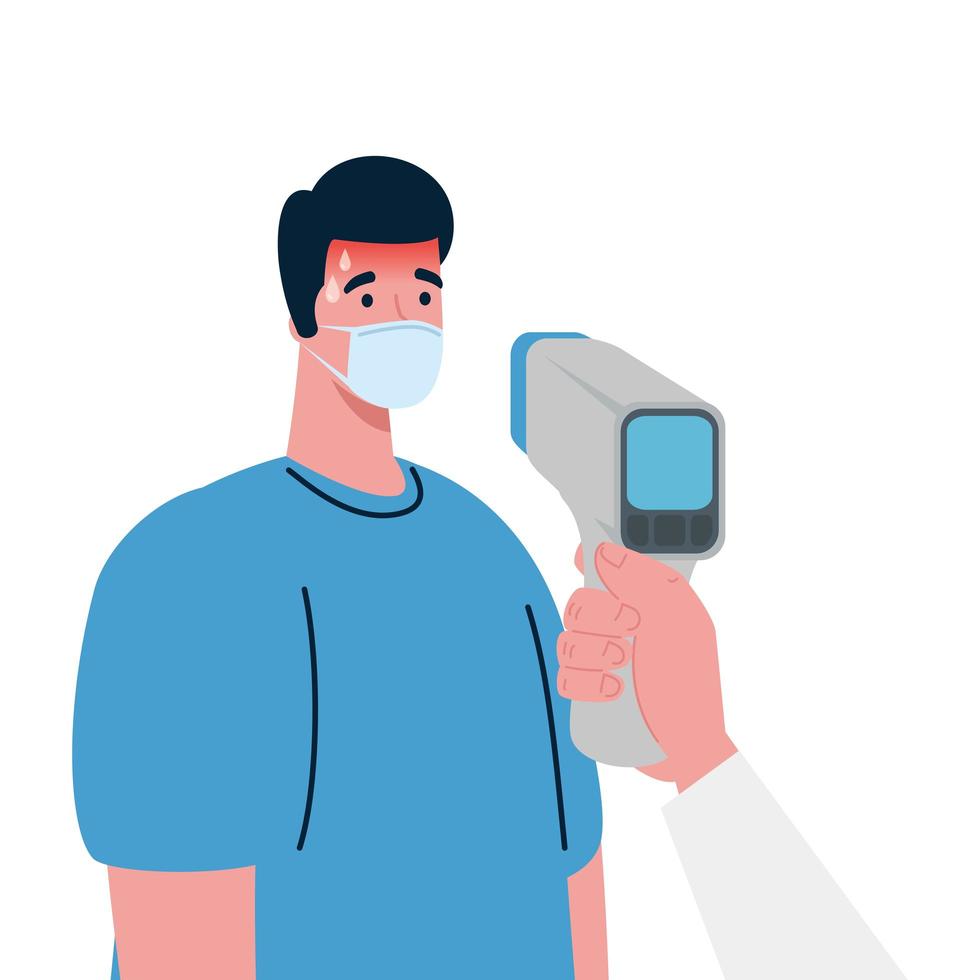 covid 19 coronavirus, hand holding infrared thermometer to measure body temperature, man check temperature vector
