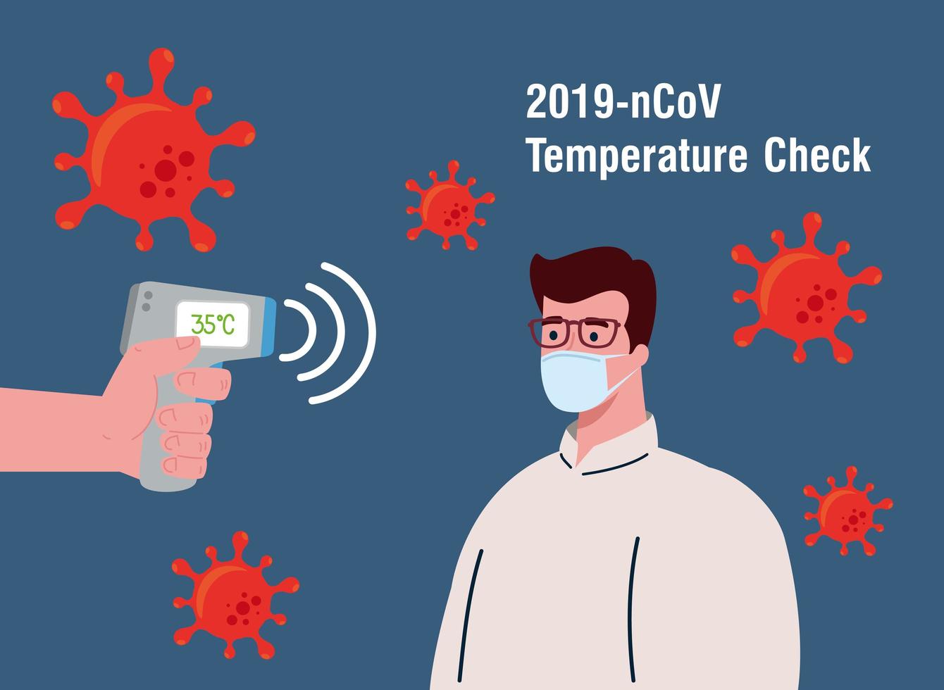 Covid 19 coronavirus, termómetro infrarrojo de mano para medir la temperatura corporal, hombre verifica la temperatura vector