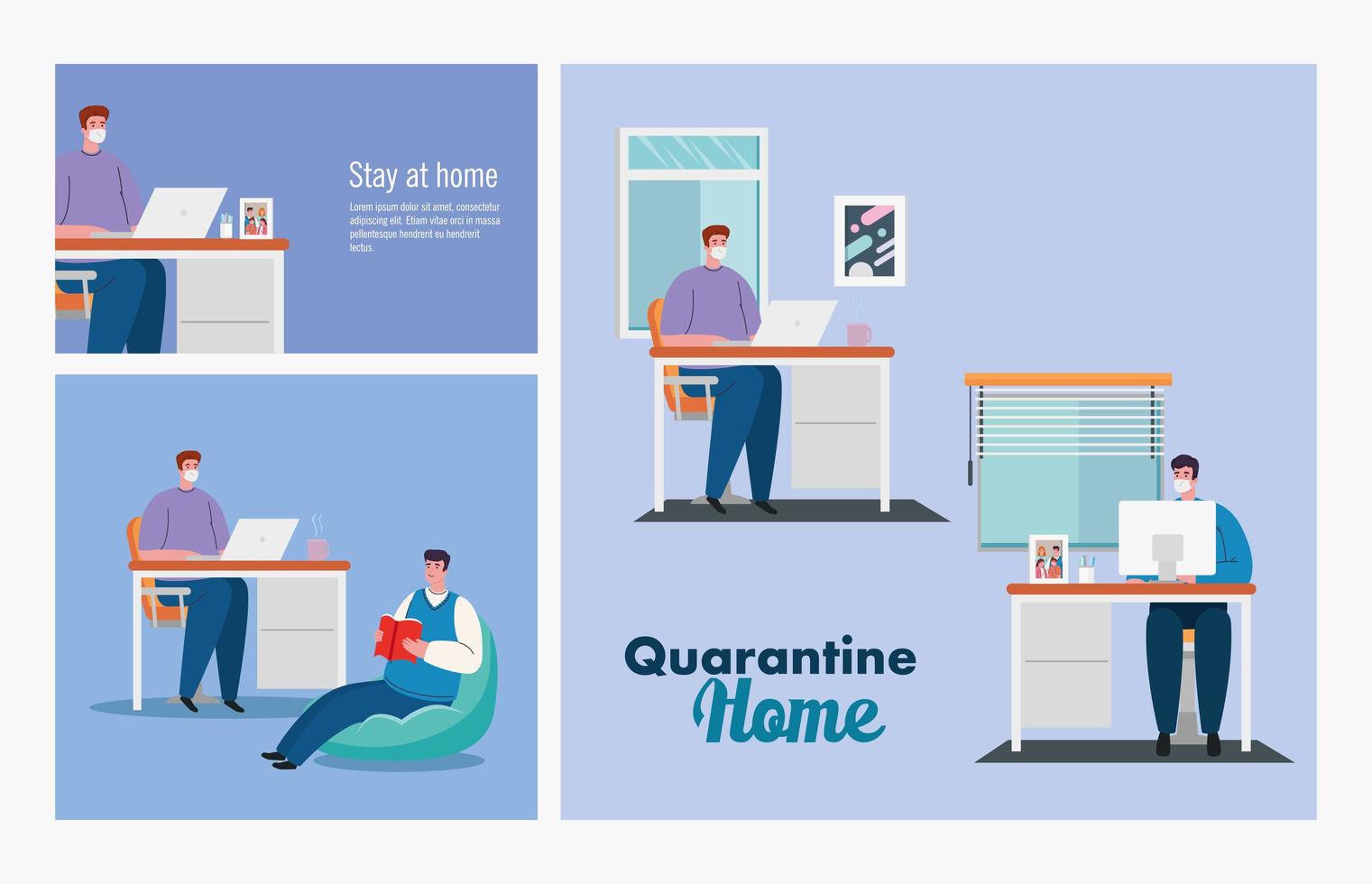 stay home, set scenes people, quarantine or self isolation vector