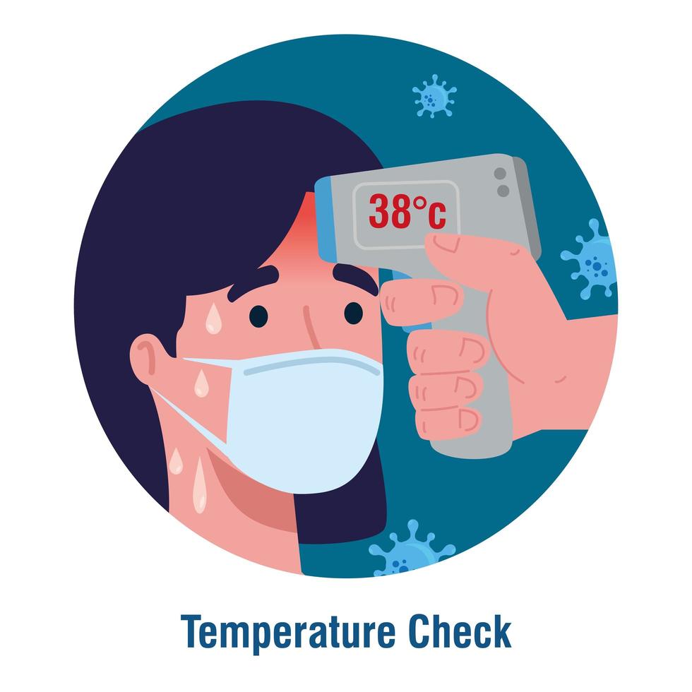 Covid 19 coronavirus, termómetro infrarrojo de mano para medir la temperatura corporal, control de la mujer con temperatura alta vector