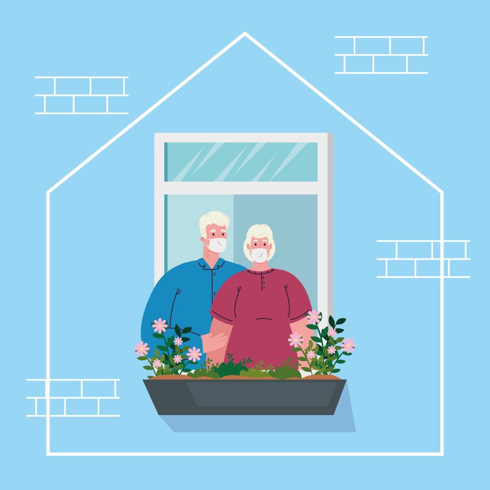 stay home, house facade with window, old couple look out of home, self isolation, quarantine due of coronavirus, covid 19 vector