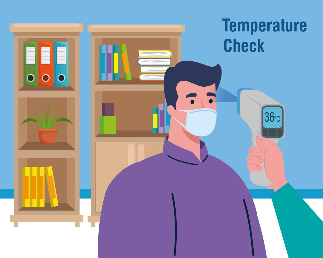 Covid 19 coronavirus, termómetro infrarrojo de mano para medir la temperatura corporal, hombre verifica la temperatura vector