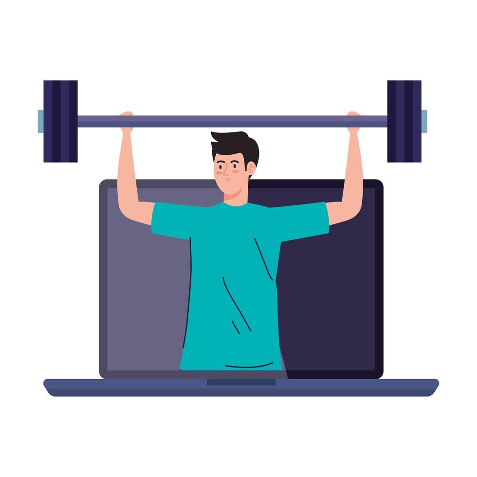 fitness, training and workout app, man practicing sport in laptop, sport online vector