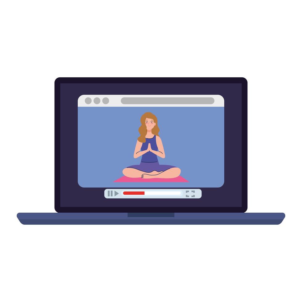online, yoga concept, woman practices yoga and meditation, watching a broadcast on a laptop computer vector