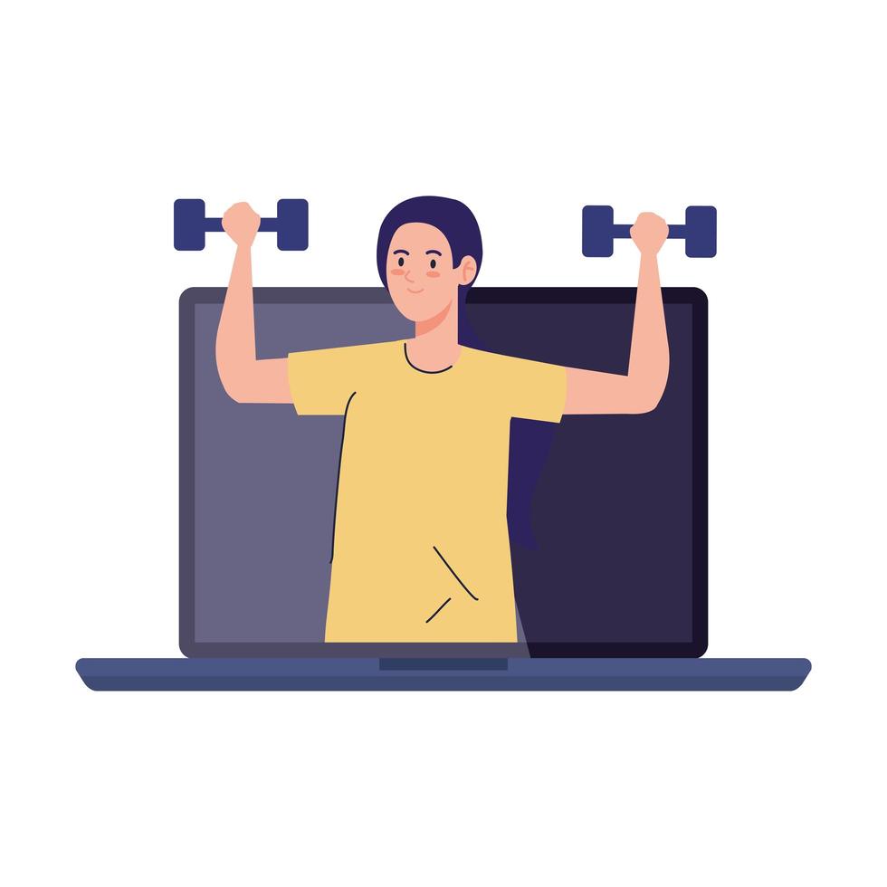 fitness, training and workout app, woman practicing sport in laltop, sport online vector