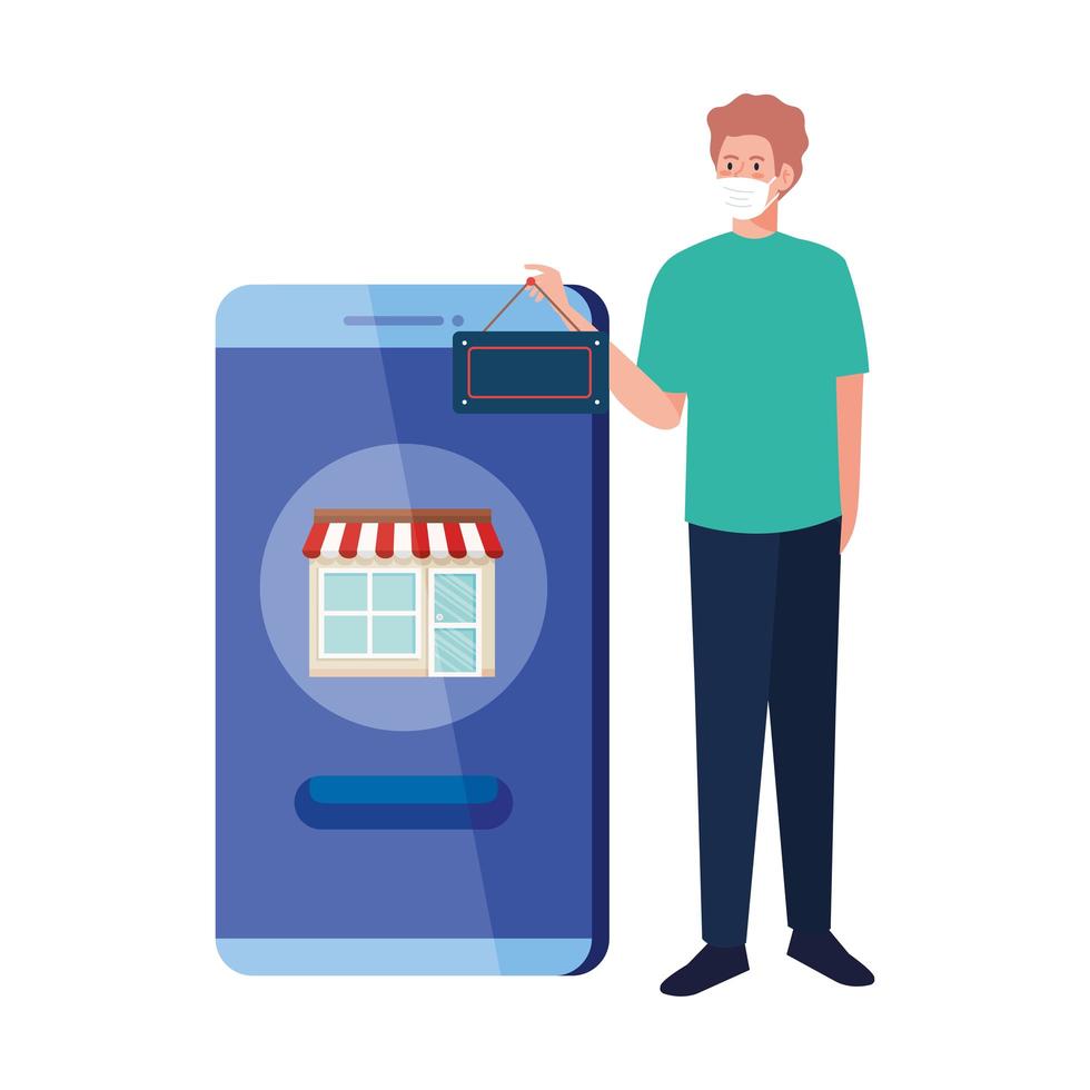 shopping online on website or mobile, man wearing medical mask against covid 19 with sign hanging in smartphone vector
