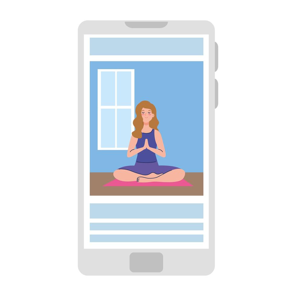 en línea, concepto de yoga, mujer practica yoga y meditación, viendo una transmisión en un teléfono inteligente vector