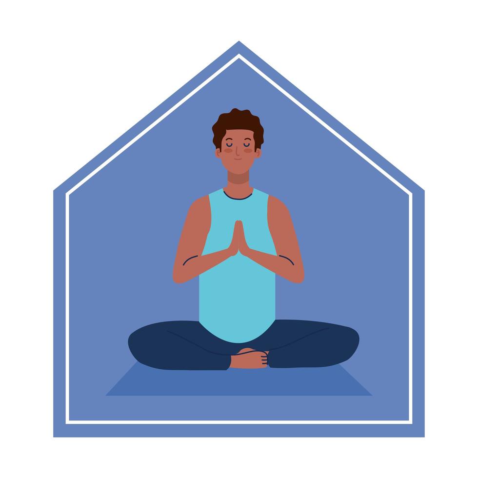 quedarse en casa, hombre afro meditando, concepto de yoga, meditación, relajación, estilo de vida saludable vector