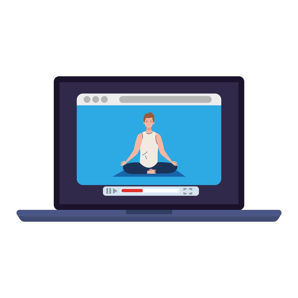 online, yoga concept, man practices yoga and meditation, watching a broadcast on a laptop computer vector