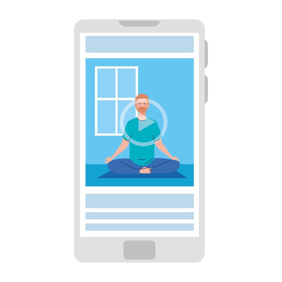 online, yoga concept, man practices yoga and meditation, watching a broadcast on a smartphone vector