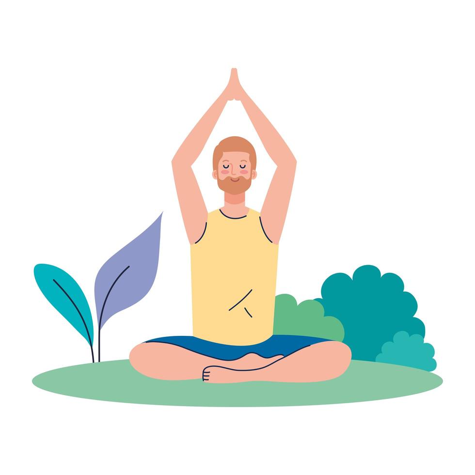 hombre meditando, concepto de yoga, meditación, relajación, estilo de vida saludable en el paisaje vector