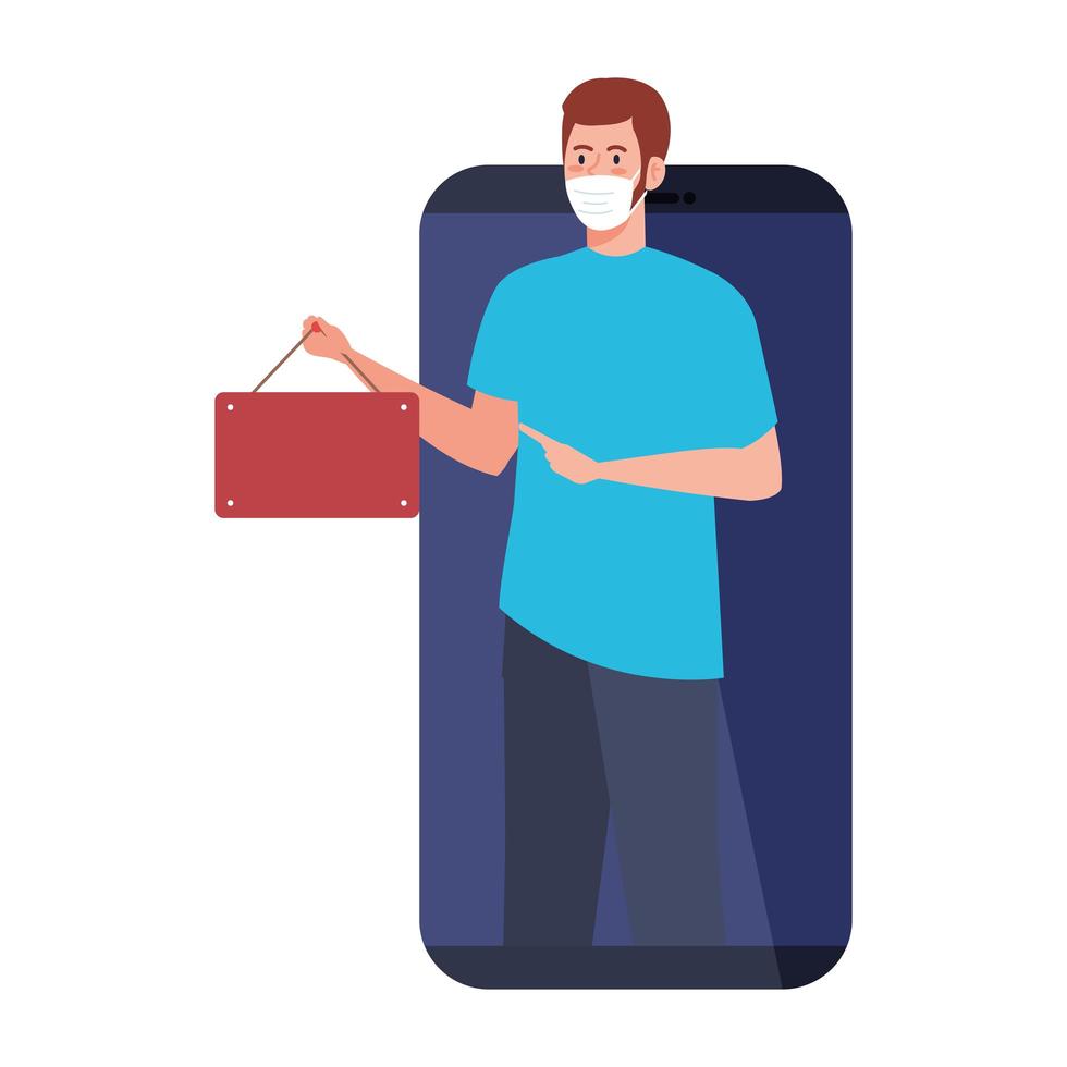 shopping online on website or mobile, man wearing medical mask against covid 19 with sign hanging in smartphone vector