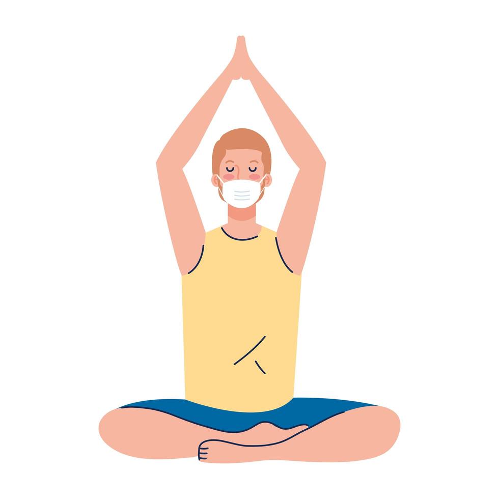 Hombre meditando con máscara médica contra el covid 19, concepto de yoga, meditación, relajación, estilo de vida saludable vector