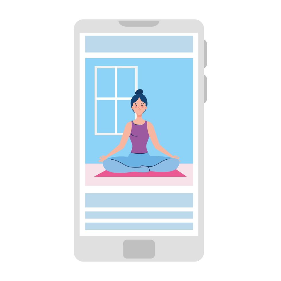 online, yoga concept, woman practices yoga and meditation, watching a broadcast on a smartphone vector