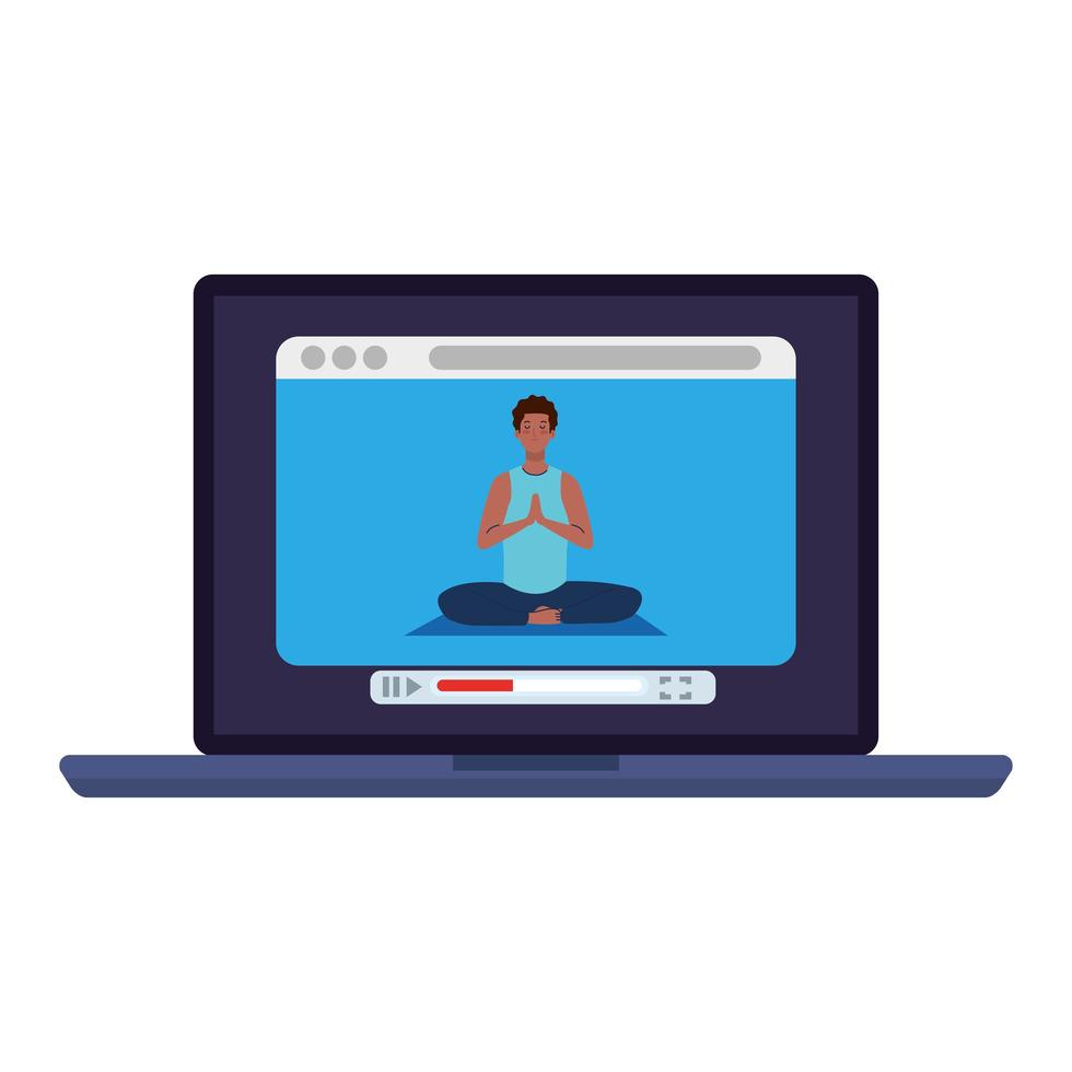 online, yoga concept, man afro practices yoga and meditation, watching a broadcast on a laptop computer vector