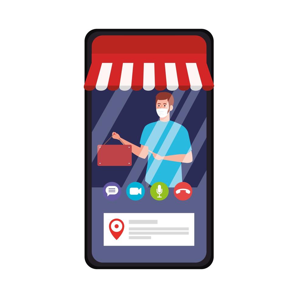 shopping online on website or mobile, man wearing medical mask against covid 19 with sign hanging in smartphone vector