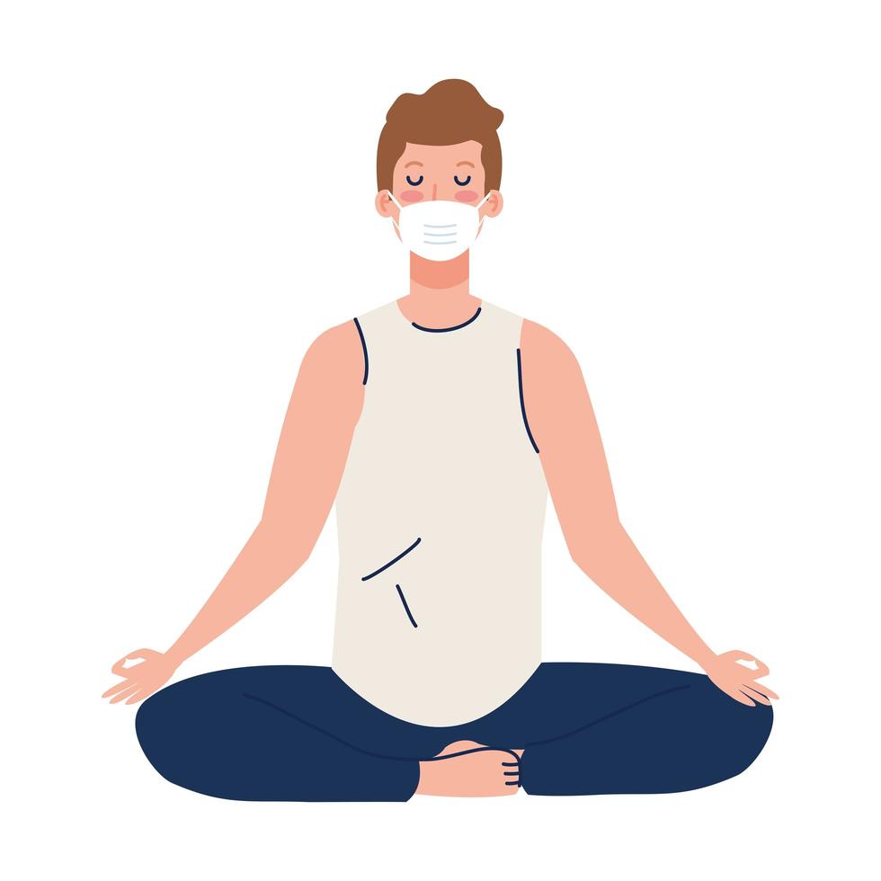 Hombre meditando con máscara médica contra el covid 19, concepto de yoga, meditación, relajación, estilo de vida saludable vector