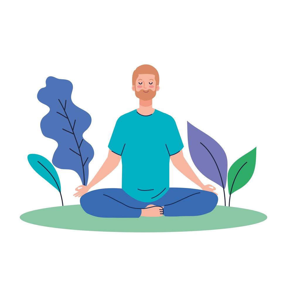 hombre meditando, concepto de yoga, meditación, relajación, estilo de vida saludable en el paisaje vector